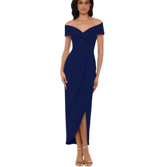 XSCAPE Navy Blue Off the Shoulder Sheath Tulip Gown Plus Size 14W - Picture 2 of 15
